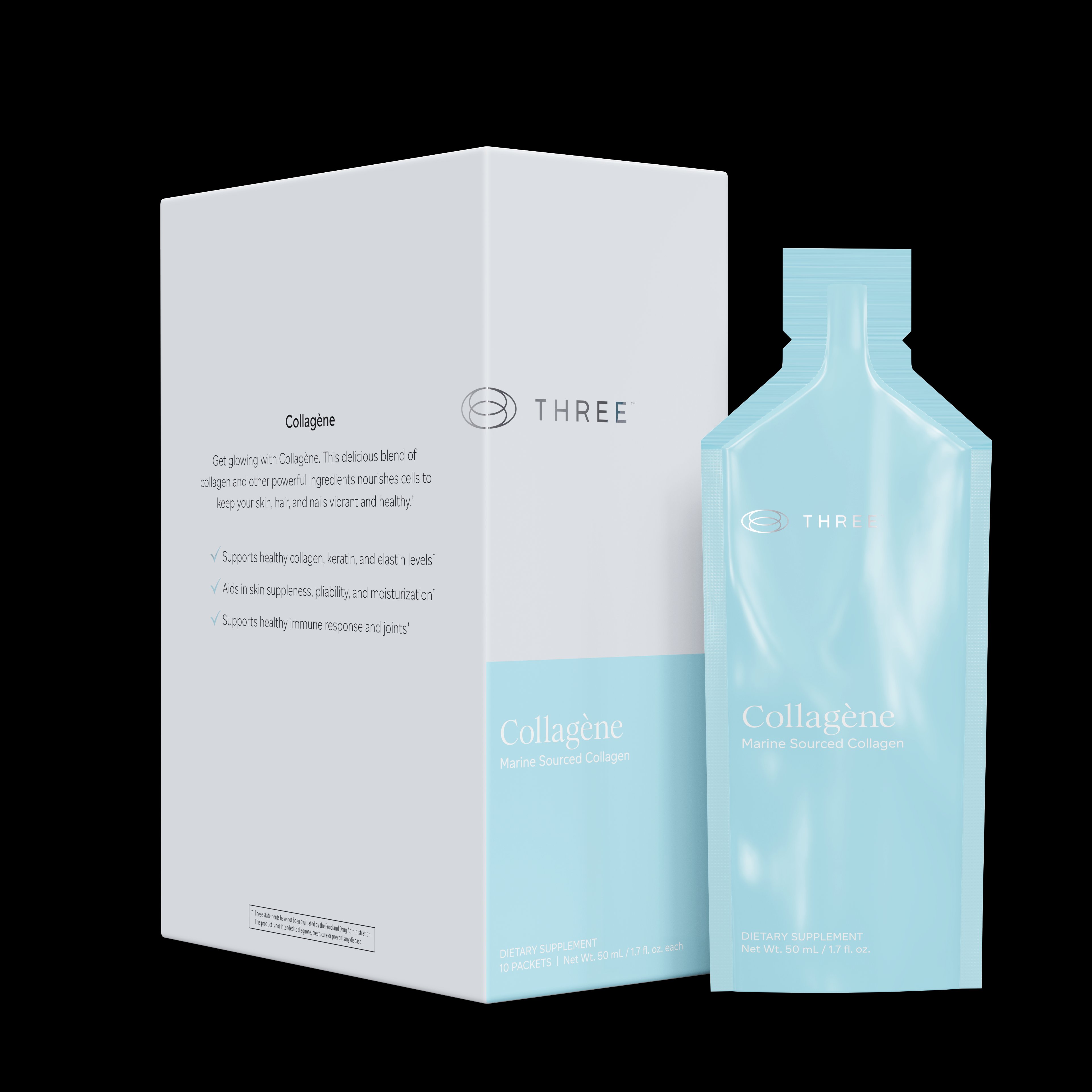 Collagène Marine Sourced Collagen by THREE International — white box and light blue liquid packet