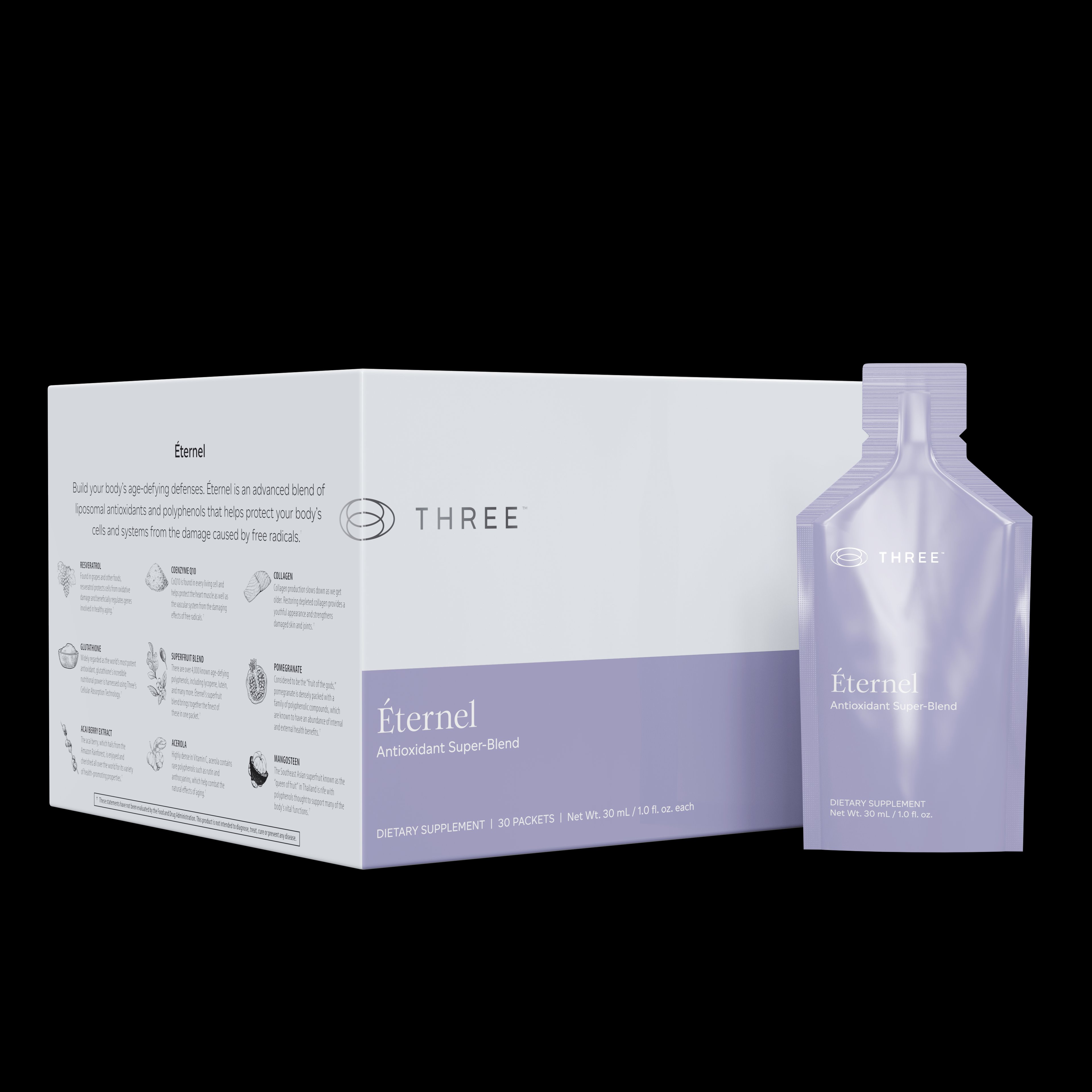 Éternel Antioxidant Super-Blend by THREE International — purple box and liquid packet