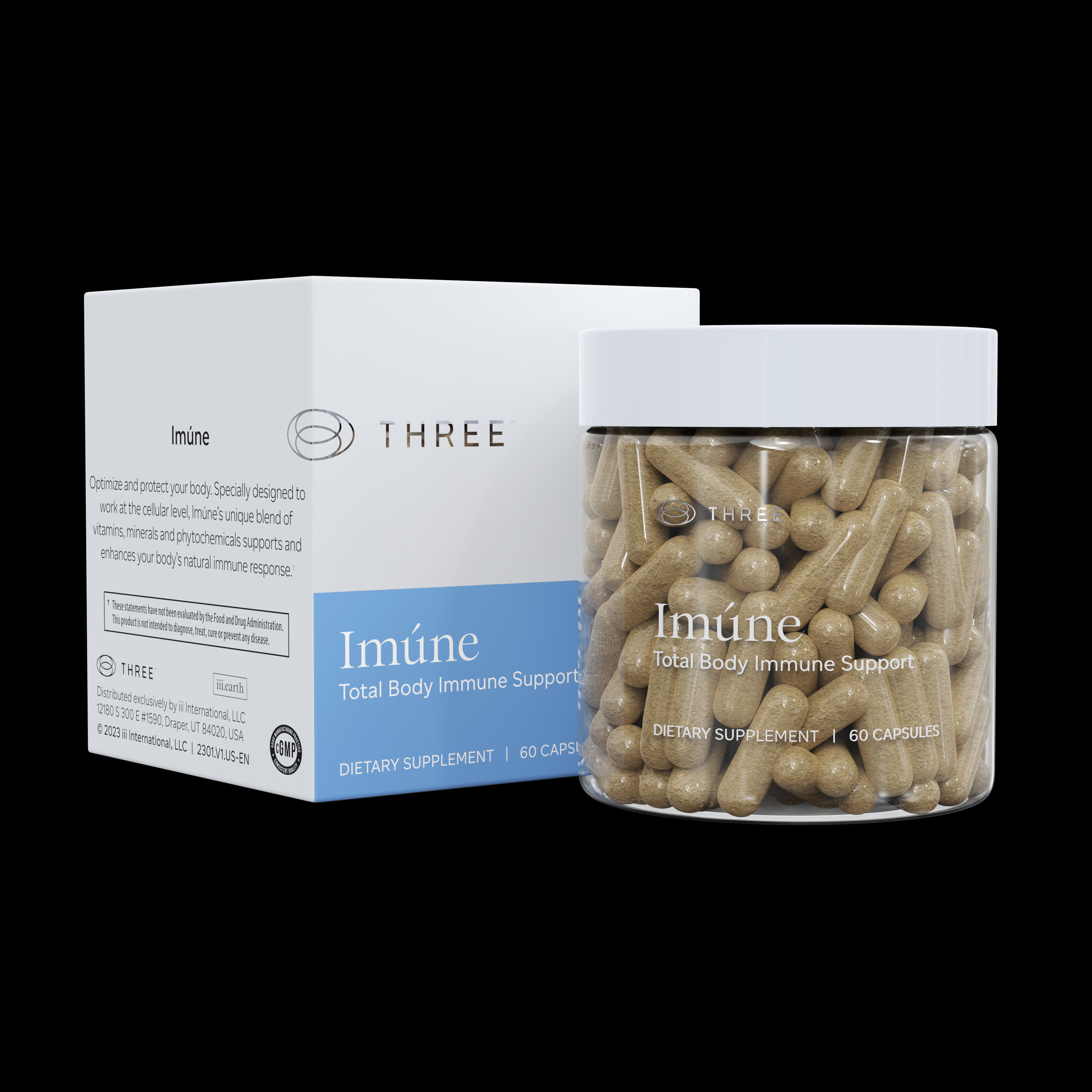 Imúne Total Body Immune Support capsules by THREE International — box and clear jar showing tan capsules