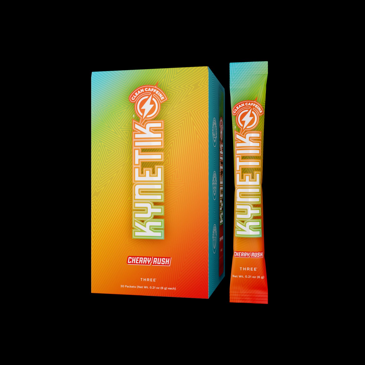 Kynetik Cherry Rush clean energy drink mix by THREE International — vibrant gradient box and stick packet