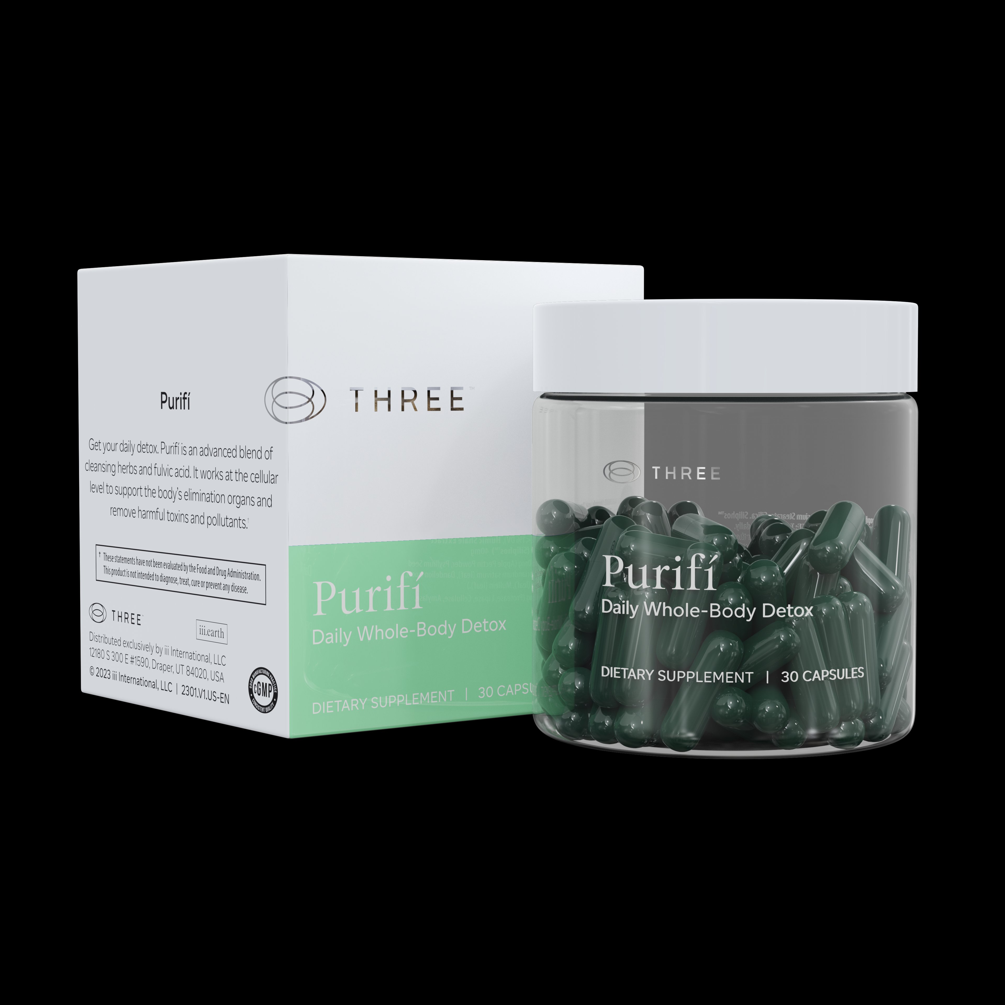 Purifí Daily Whole-Body Detox capsules by THREE International — white box and green capsule jar