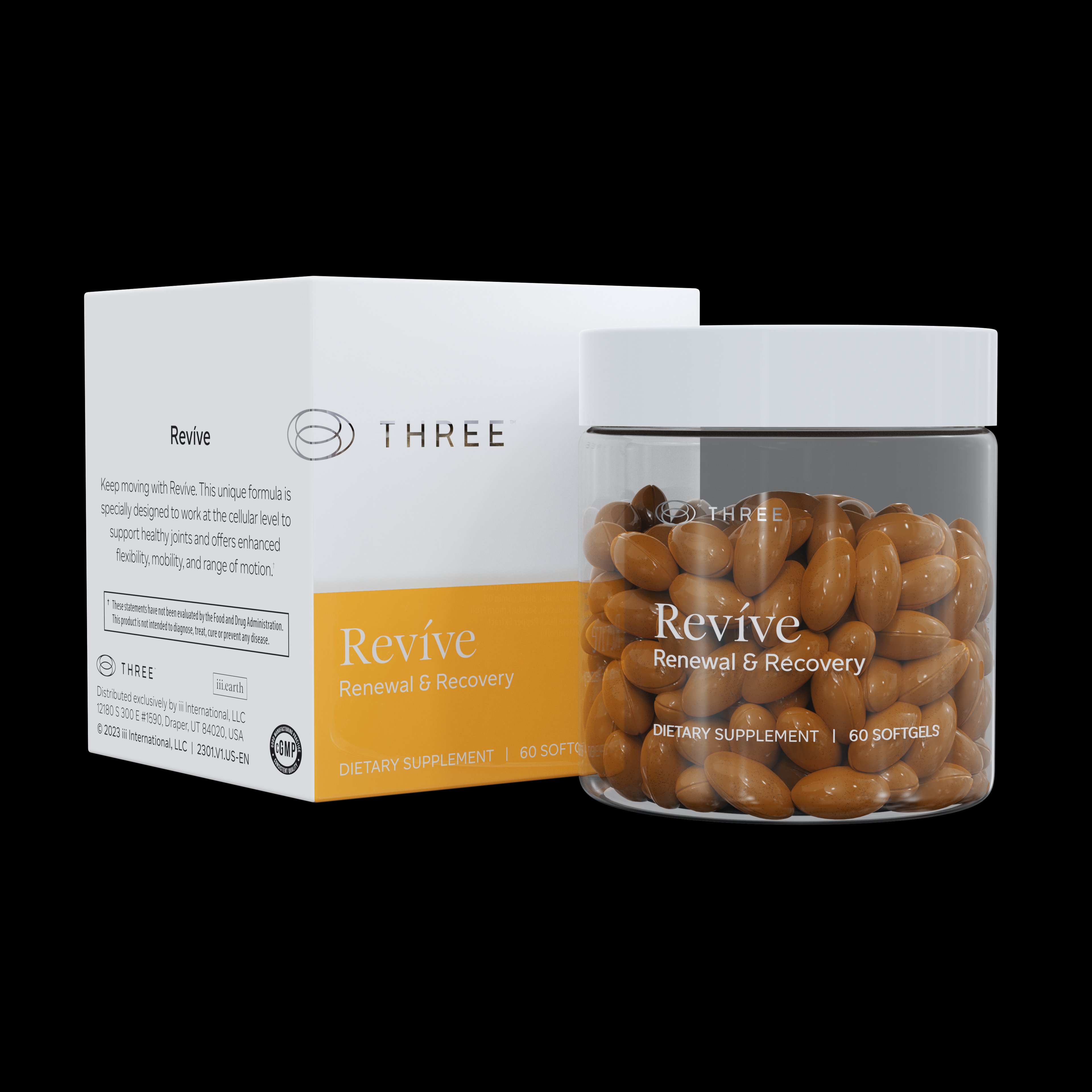 Revíve Renewal and Recovery softgels by THREE International — box and amber jar